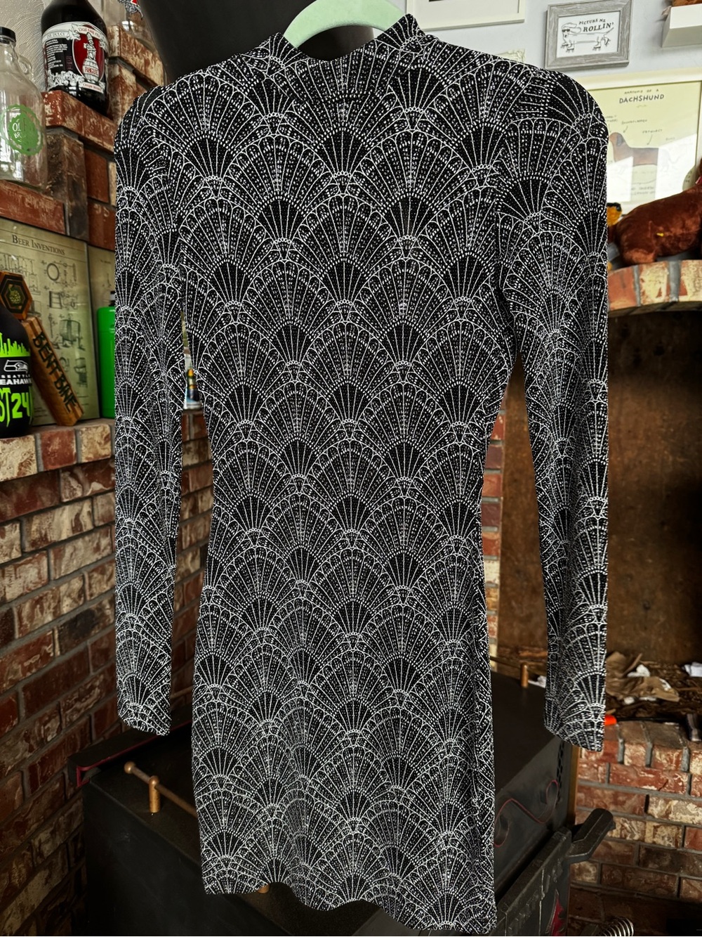 Open-back glittery long sleeve mini dress